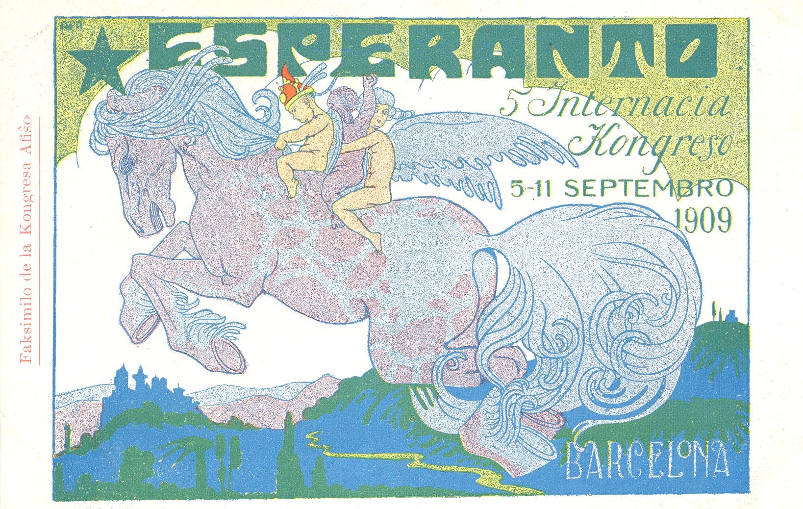 A poster advertising the International Esperanto Congres in Barcelona in 1909, with an illustration of three winged figures riding a horse