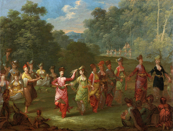 In the countryside outside the city, Greek men and women dance what is known as the khorra. Because Vanmour was not Muslim, it was easier for him to gain access to the Greek community in Istanbul than it was the Turkish side of life.