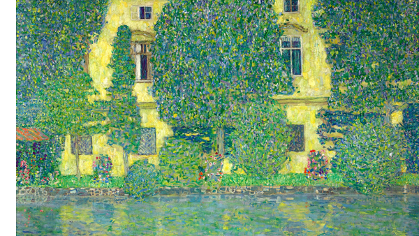 The lakeside facade of Schloss Kammer. Klimt probably brought them to the screen from the opposite bank with the help of a telescope. The zoom effect projects the trees, the low front wing and the red roof of the main building behind them into one plane. The piece of lake with its softly blurred reflections is also perceived as part of the surface image created in this way.