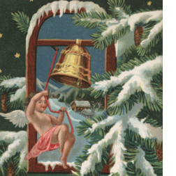 A vintage Hungarian Christmas postcard depicting an angel in a window ringing a bell