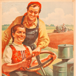A poster depicting two women in a tractor
