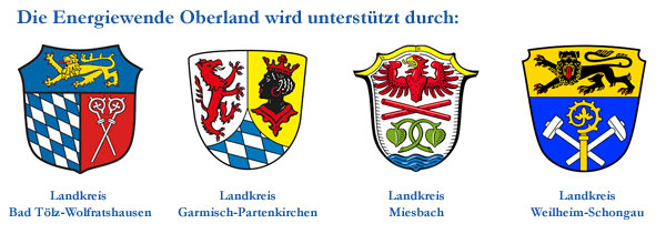 Logos der Landkreise Bad Tölz-Wolfratshausen, Garmisch-Partenkirchen, Miesbach und Weilheim-Schongau